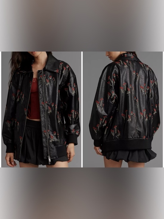 Anthropologie Jackets & Blazers - NWOT Anthropologie Maeve Faux Leather Floral-Embroidered Bomber Jacket - small
